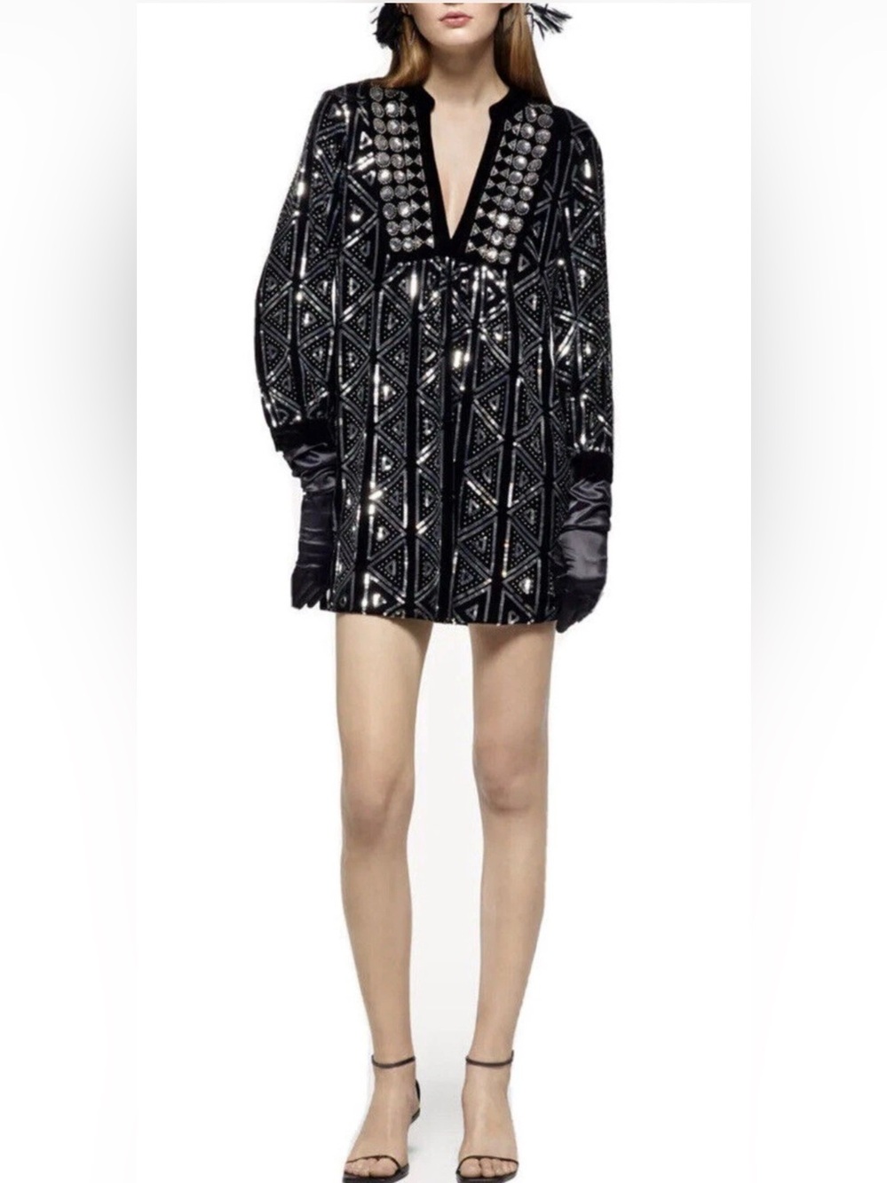 RARE Zara embellished black Velvet Dress With Silver Sequins $120 NWT